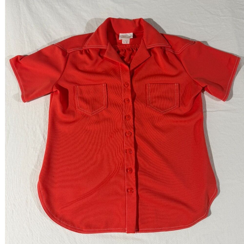 Vintage 70s Jantzen Red Polyester Button Down Shirt Sz 16 White Topstitch Retro